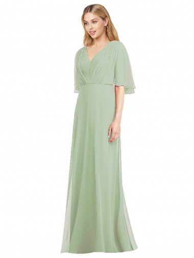Affordable Full Length Lux Chiffon Flutter Sleeves Bridesmaid Dress