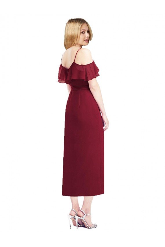 Affordable Cocktail Wrap Chiffon Bridesmaid Dress with Fluttering Ruffles