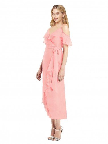 Affordable Cocktail Wrap Chiffon Bridesmaid Dress with Fluttering Ruffles