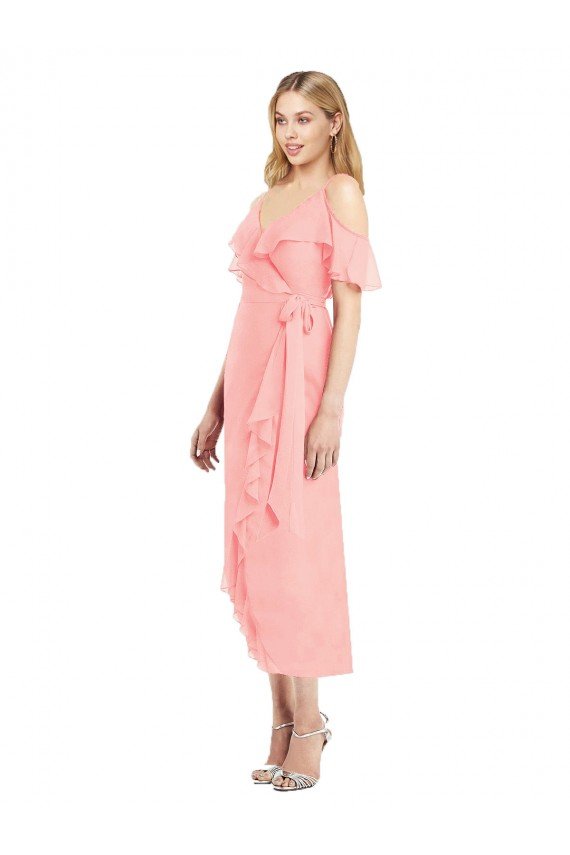 Affordable Cocktail Wrap Chiffon Bridesmaid Dress with Fluttering Ruffles