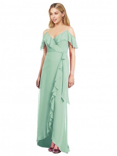 Affordable High Low Off the Shoulder Wrap Chiffon Bridesmaid Dress 