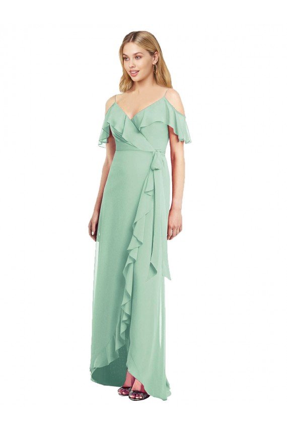 Affordable High Low Off the Shoulder Wrap Chiffon Bridesmaid Dress 