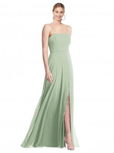 Affordable Sleek Spaghetti Straps Low Back Square Neck Maxi Formal Chiffon Bridesmaid Dress
