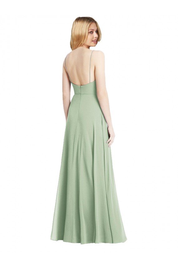 Affordable Sleek Spaghetti Straps Low Back Square Neck Maxi Formal Chiffon Bridesmaid Dress