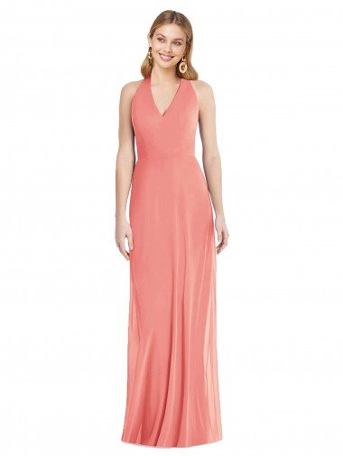 Affordable V-Neck Halter Chiffon Maxi Formal Bridesmaid Dress Open Back