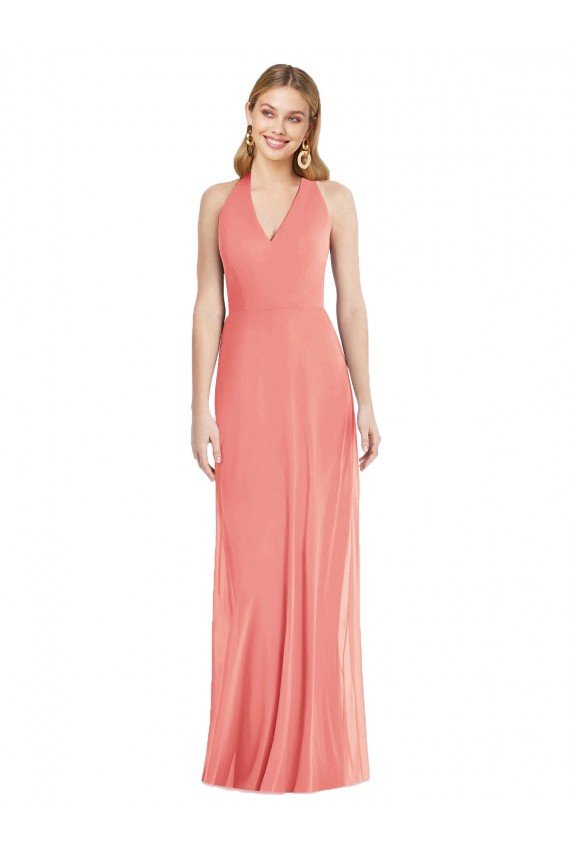 Affordable V-Neck Halter Chiffon Maxi Formal Bridesmaid Dress Open Back