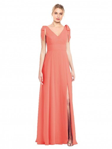 Affordable Full Length Bow-Shoulder V-Back Chiffon Bridesmaid Dress with Front Slit