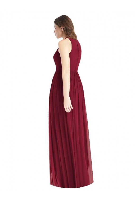Affordable Shirred Skirt Jewel Neck Halter Chiffon Bridesmaid Dress with Front Slit