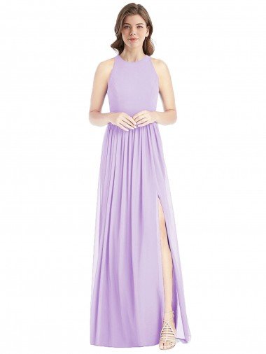 Affordable Shirred Skirt Jewel Neck Halter Chiffon Bridesmaid Dress with Front Slit
