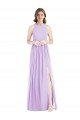 Affordable Shirred Skirt Jewel Neck Halter Chiffon Bridesmaid Dress with Front Slit