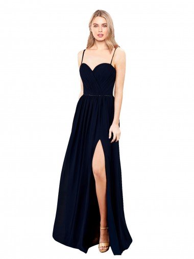 Affordable Draped A-Line Chiffon Formal Bridesmaid Dress with Spaghetti Straps and High Slit