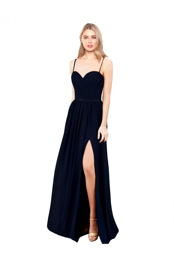 Affordable Draped A-Line Chiffon Formal Bridesmaid Dress with Spaghetti Straps and High Slit