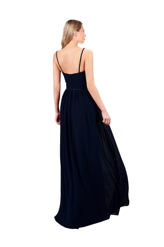 Affordable Draped A-Line Chiffon Formal Bridesmaid Dress with Spaghetti Straps and High Slit