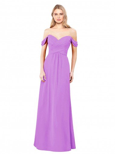 Affordable Off The Shoulder Draped Sleeves A-Line Chiffon Bridesmaid Dress