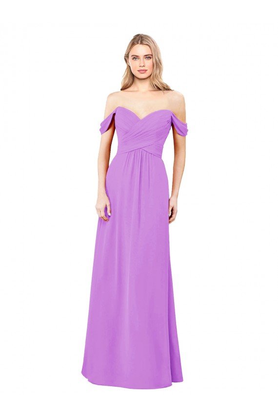Affordable Off The Shoulder Draped Sleeves A-Line Chiffon Bridesmaid Dress