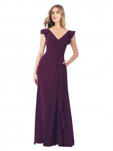 Affordable Ruffle Cap Sleeves Long Chiffon Bridesmaid Dress