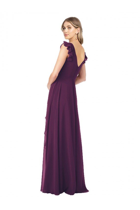 Affordable Ruffle Cap Sleeves Long Chiffon Bridesmaid Dress
