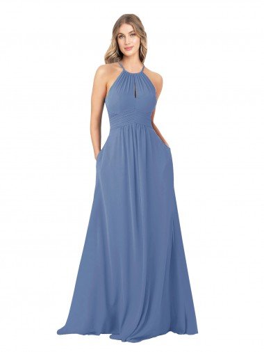 Affordable Draped High Neck Keyhole Back Bridesmaid Dress with Front Slit