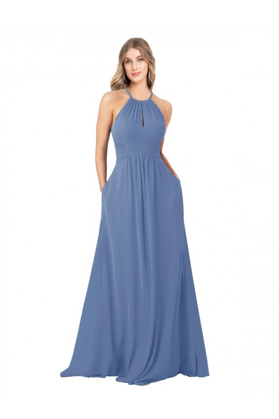 Affordable Draped High Neck Keyhole Back Bridesmaid Dress with Front Slit