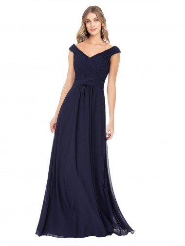 Affordable Off the Shoulder Classic Chiffon Bridesmaid Dress with Draped Bodice