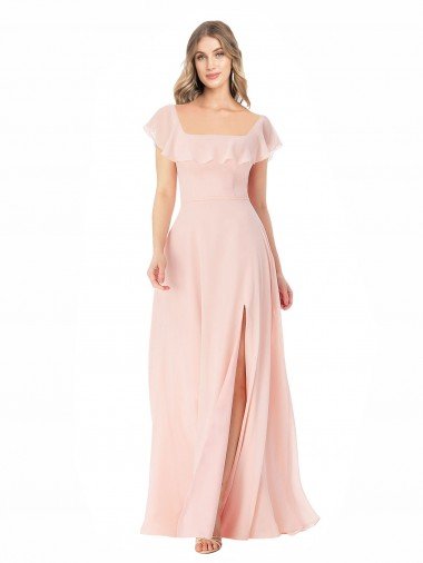 Affordable Flutter Cap Sleeves Square Neck Ruffle Chiffon Bridesmaid Dress with Pockets