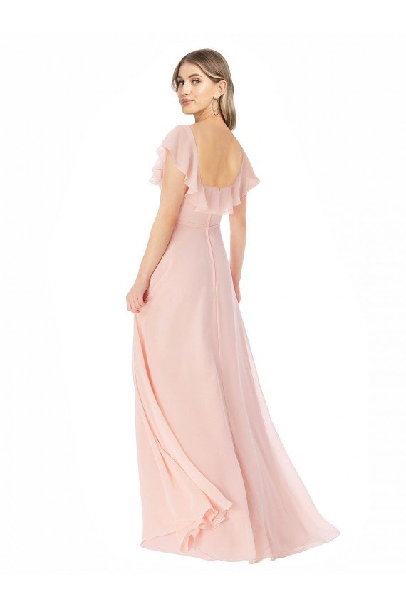 Affordable Flutter Cap Sleeves Square Neck Ruffle Chiffon Bridesmaid Dress with Pockets