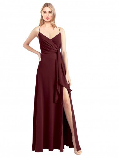Affordable Spaghetti Straps V-Neck Long Chiffon Bridesmaid Dress with Side Slit