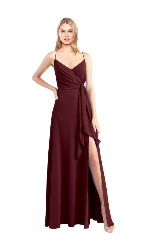 Affordable Spaghetti Straps V-Neck Long Chiffon Bridesmaid Dress with Side Slit