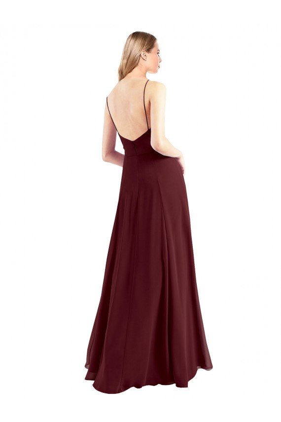 Affordable Spaghetti Straps V-Neck Long Chiffon Bridesmaid Dress with Side Slit