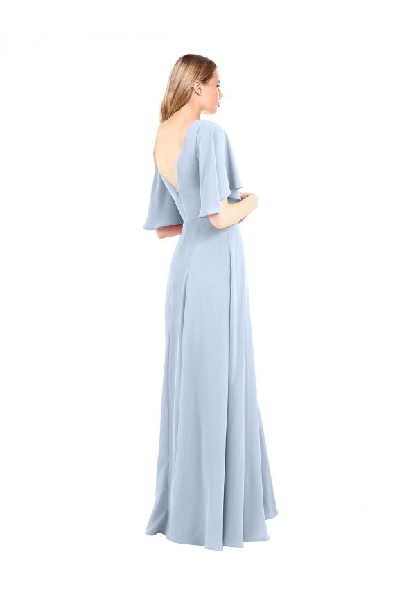 Affordable V-Neckline and Cascading Flutter Sleeves Chiffon Bridesmaid Dress with Front Slit
