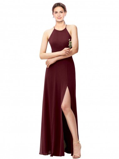Affordable Slim Long High Halter Neck Chiffon Bridesmaid Dress with High Side Slit
