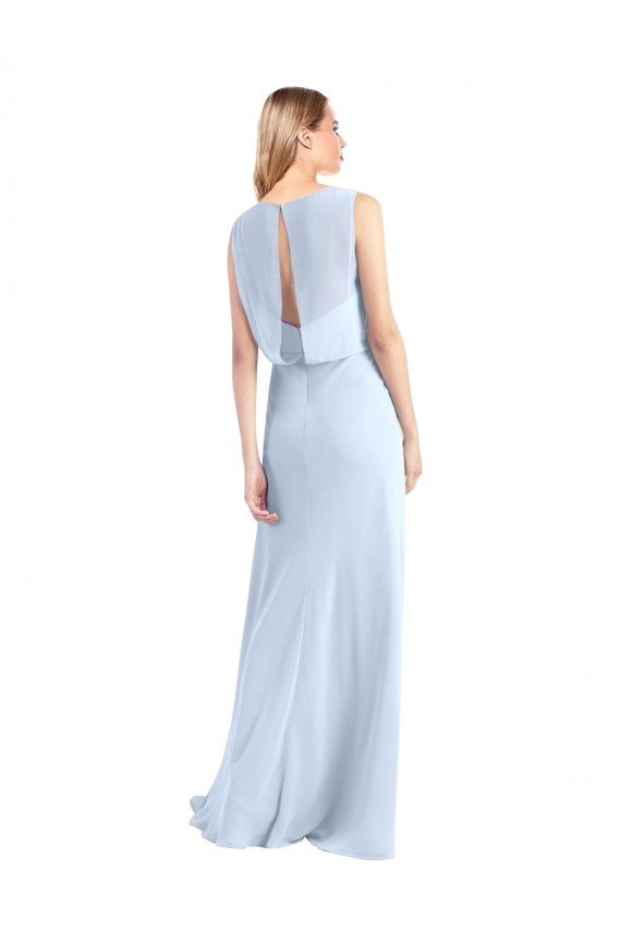 Affordable Illusion Boat Neck Long Full Length Chiffon Bridesmaid Dress with Keyhole Back