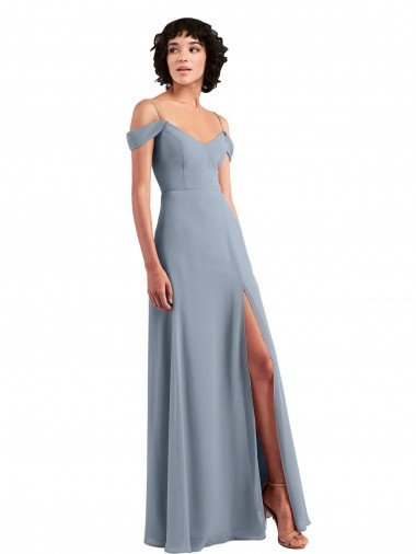 Affordable Off the Shoulder Folded Sleeve Long Chiffon Bridesmaid Dress with High Side Slit