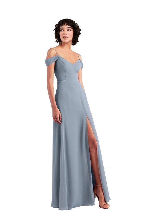 Affordable Off the Shoulder Folded Sleeve Long Chiffon Bridesmaid Dress with High Side Slit