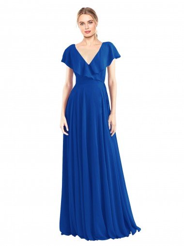 Affordable V-Neck A-Line Flutter Sleeves Long Chiffon Wrap Style Bridesmaid Dress