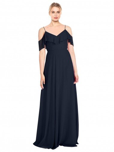 Affordable Draped Sleeves Flounce Neckline Long Chiffon Bridesmaid Dress with Spaghetti Straps