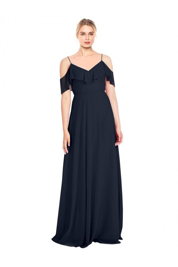 Affordable Draped Sleeves Flounce Neckline Long Chiffon Bridesmaid Dress with Spaghetti Straps