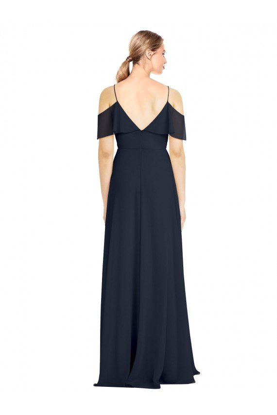 Affordable Draped Sleeves Flounce Neckline Long Chiffon Bridesmaid Dress with Spaghetti Straps