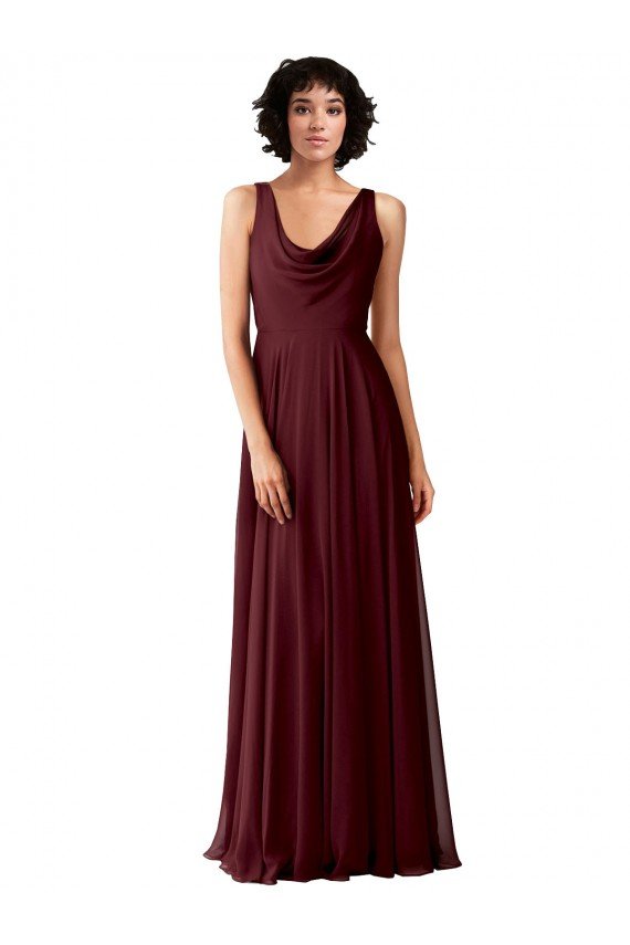 Affordable Draped Cowl Neck Long Chiffon Bridesmaid Dress with Wide Straps