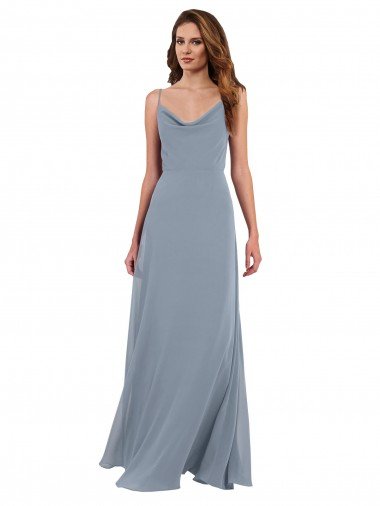 Affordable Long Full Length Draped Cowl Neck V-Back Slip Chiffon Bridesmaid Dress