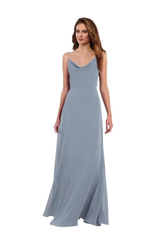 Affordable Long Full Length Draped Cowl Neck V-Back Slip Chiffon Bridesmaid Dress