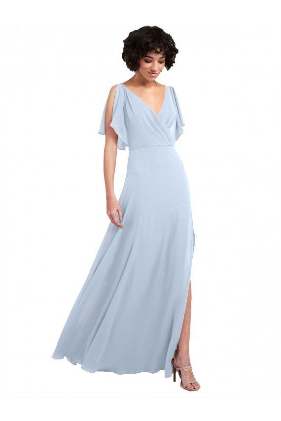 Affordable Split Flutter Sleeves V-Neck Chiffon Bridesmaid Dress with Open V-Back