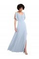 Affordable Split Flutter Sleeves V-Neck Chiffon Bridesmaid Dress with Open V-Back