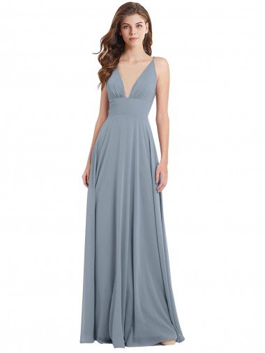 Affordable Fitted V-Neckline Long Chiffon Bridesmaid Dress with V-Back