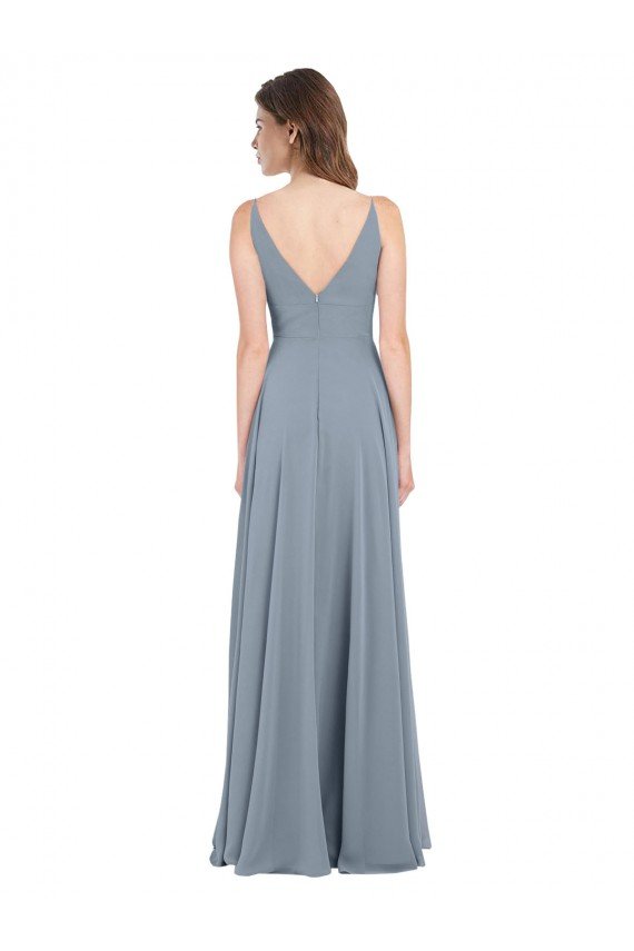 Affordable Fitted V-Neckline Long Chiffon Bridesmaid Dress with V-Back