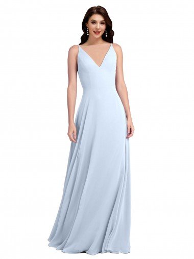Affordable Long Floor Length V-Neck Chiffon Bridesmaid Dress with Keyhole Back