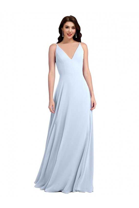 Affordable Long Floor Length V-Neck Chiffon Bridesmaid Dress with Keyhole Back