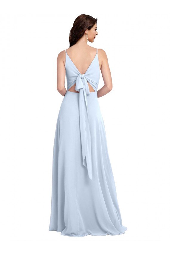 Affordable Long Floor Length V-Neck Chiffon Bridesmaid Dress with Keyhole Back