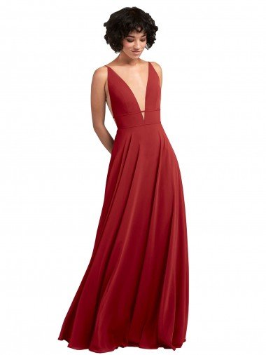 Affordable Fitted Plunging Deep V-Neck Long Chiffon Bridesmaid Dress with V-Back
