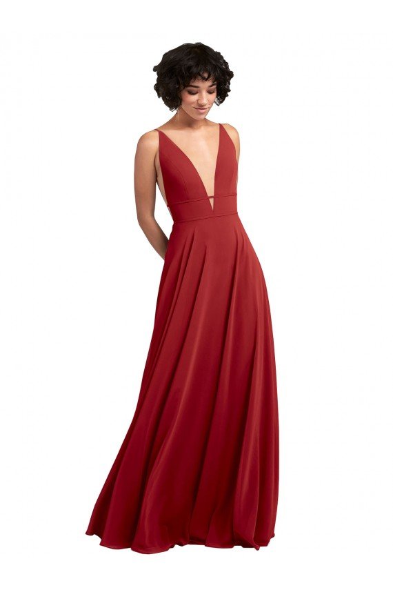 Affordable Fitted Plunging Deep V-Neck Long Chiffon Bridesmaid Dress with V-Back